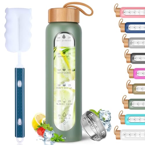 Aqulea Glass Water Bottles 25 Oz with Silicone Sleeve - BPA Free Reusable Wide Mouth Glass Motivational Water Bottles with Fruit Infuser – Leak Proof Borosilicate Water Bottle with Time Marker (Green) - color: OD Green, size: 25 Ounces
