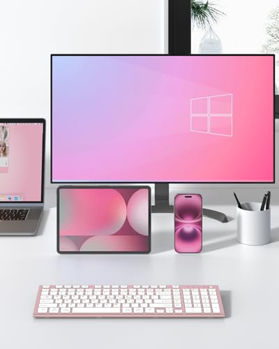 FENIFOX Wireless Keyboard, Bluetooth & 2.4G USB & USB-C Rechargeable Silent Ultra Quiet Low Profile Compact Full Size with Number Pad Soft Multi Device for Mac MacBook Windows PC - Pink & Rose Gold - color: Pink