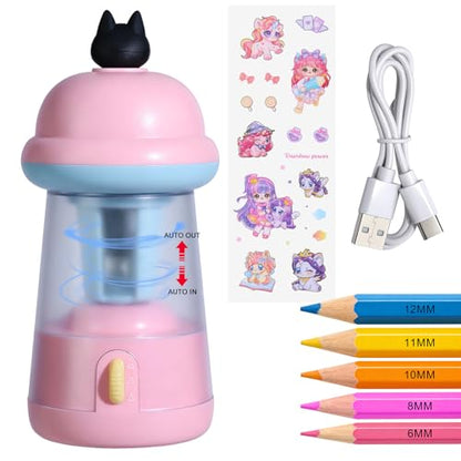 Rechargeable Electric Pencil Sharpener, 6-12mm Auto in & Out Fully Automatic Pencil Sharpener for Kids, Large Capacity Battery Powered, with Cartoon Stickers Ideal for Classroom & Home (Pink) - color: Pink
