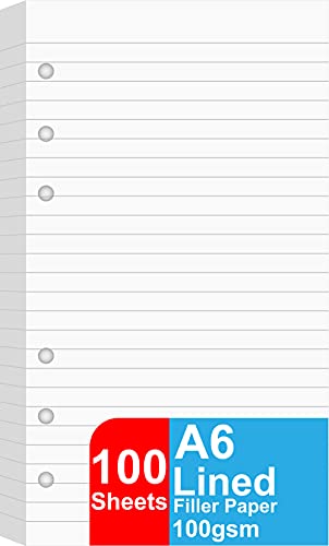A6 Lined Refill Paper, 100 Sheets/200 Pages Loose Leaf Paper for Filofax Person Binders, 6 Holes Punched, 100gsm Ruled White Filler Paper, 3.75'' x 6.75'' - size: 100 Sheets