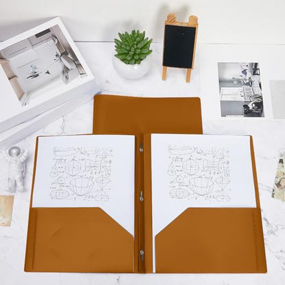 Lincia 100 Pcs Plastic Folders with Pockets and Prong Folders with Prongs 2 Pockets for Office, School for Students, Teachers, Office Workers(Brown) - color: Brown
