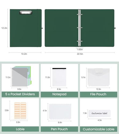 3 Ring Binder with Clipboard,1 Inch Binders with Notepad&5 Dividers with Pockets, Labels,PU Clipboards for School Office(Green,Letter Size) - color: Green, size: Letter Size - 1 Inch