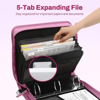 SUNEE Zipper Binder 3 Ring, 3 Inch O-Ring with Handle and Shoulder Strap, 600-Sheet Capacity, 5-Tab Expanding File Folder, Multi-Pockets for Middle School Organizer Binder with Zipper, Grape Purple - color: Grape Purple