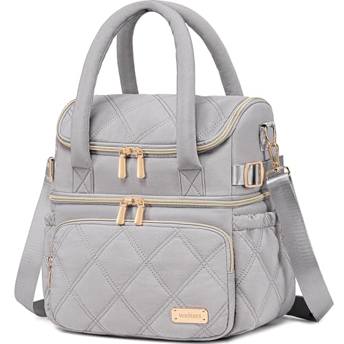 Weitars Lunch Bag for Women Men,Double Deck Lunch Box for Women,Quilted Lunch Tote for Work,Insulated Lunch Cooler Leakproof Lunchbox for Adult with Shoulder Strap &Pockets for Picnic Hiking (Gray) - color: Gray