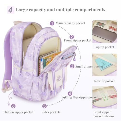 Girl backpack,Kids Backpack for Girl Kawaii Lightweight School Backpack Anti-theft Back Pocket Print Flowers Elementary Bookbag (Purple) - color: Purple