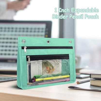 YoeeJob 1 Pack Pencil Pouch for 3 Ring Binder, Expandable Binder Pouches with Zipper, Large Capacity Pen Holder Case with Clear Window School Class Office Organizers, Lake Blue - color: Lake Blue