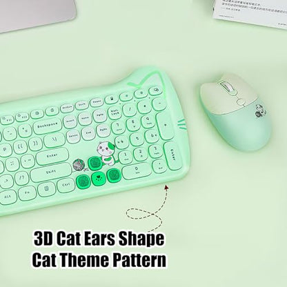 Cute Cat 2.4G USB Wireless Keyboard and Mouse Combo, Silent Keys, Candy Colors, Compatible with Notebook, PC (Green-110Keys) - color: Green-110Keys