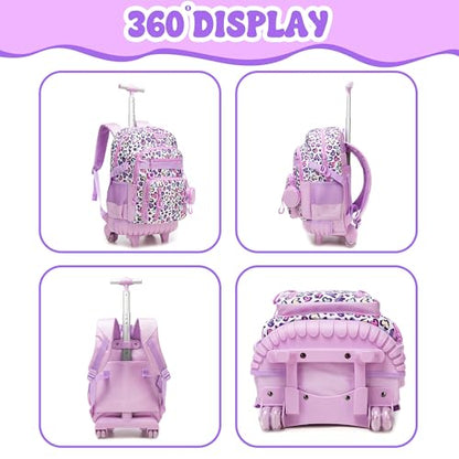Kids Rolling Backpack with Wheels,3PCS Kids Trolley School Bag Set with Lunch Box & Pencil Case,Bookbag for Elementary School Travel - color: Purple Multicolor Love