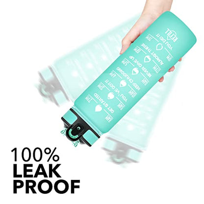 Hyeta Water Bottle with Straw & Time Marker, Plastic 32oz Leakproof | Motivational Tritan BPA Free Gym Office Outdoor Intake Tracker Hourly Reminder Straw Lid Carry Strap - color: Mint Matte