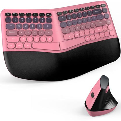 MOFII Wireless Ergonomic Keyboard & Mouse Combo – Split Curved Keyboard with Wrist Rest (All-Day Comfort) + Wireless Vertical Ergonomic Optical Mouse, Compatible with PC/Laptop/Desktop- Pink Gradient - color: Black Pink Gradient