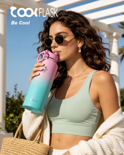 Coolflask 40 oz Water Bottle Insulated with Straw & 3 Leakproof Lids | Water Flask Stainless Steel Triple-Wall Vacuum,Cold 48+h,Dishwasher Safe,Wide Mouth, BPA-Free,Carrier Bag,for Gym,Hiking - color: Bubblegum Princess, size: 40 Ounces