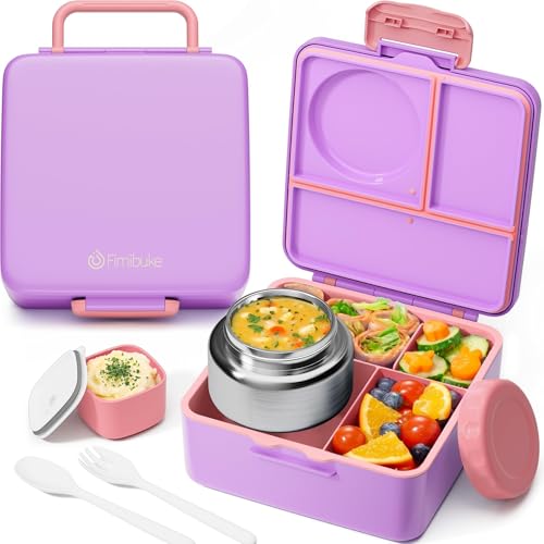 Fimibuke Bento Lunch Box for Kids Adult, 3-4 Compartment 60OZ Toddler Lunch Box Container with Leakproof 8OZ Insulated Food Jar, Sauce Jar, Utensil for School Boys Girls, BPA-Free Dishwasher Safe - color: B2.Purple & Pink