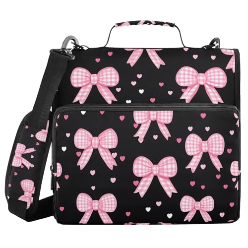 3 Ring Zipper Binder with Shoulder Strap Pink Bow Heart 2 Inch Zippered Binder Bag 500 Sheet Capacity Multi Pockets for School Supplies - color: Multi25