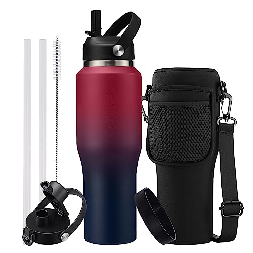 Insulated Water Bottle 32/40 oz - Cold-48h & Hot-24h Stainless Steel Vacuum Flask with Straw & Pop-up Chug Lid, Slim Insulated Water Bottle that Fits in Cup Holder, Wide Mouth Hydro Metal Thermal Cups - color: Rose&Purple, size: 32 Ounces