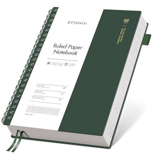 EMSHOI Lined Spiral Journal Notebook, 300 Pages, A4 Size (8.2'' x 11.2'') | College Ruled, 100 GSM Thick Paper, Flexible Plastic Cover, for School, Writing, Work, Office & Journaling (Deep Green) - color: DGreen, size: A4