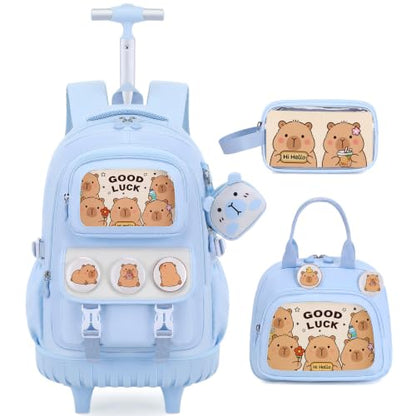 Capybara Rolling Backpack for Girls - 3PCS Girls Backpack Kids Suitcase with Lunch Box & Pencil Case Travel - Capybara Backpack with Wheels for Kindergarten Preschool Elementary (Blue) - color: Blue