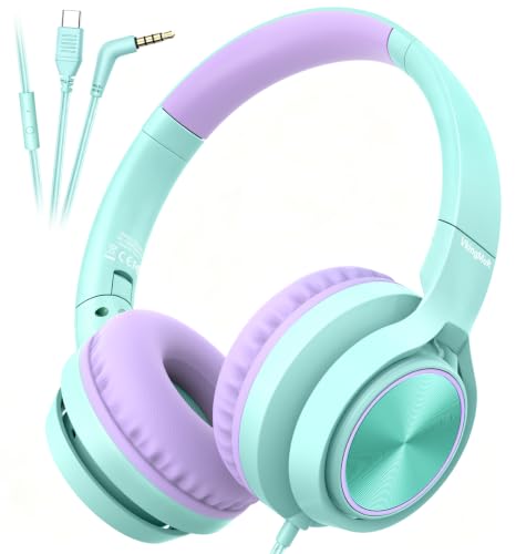 Kids Headphones for School Travel, Upgrade USB Type C Safe Volume 94dB, with Mic HD Stereo Sound Foldable On-Ear Headphones for Boys/Girls/Students/Tablet/Travel-Green - color: Green