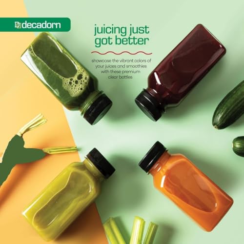 DECADORN 8oz 12pcs Plastic Bottles With Caps - Juicing Bottles For Juicing - MADE IN USA Clear Mini Bottle With Lids - Drink Container - Shatterproof, BPA-Free, Leak proof, Disposable & Recyclable - size: 8 oz 12 Pack