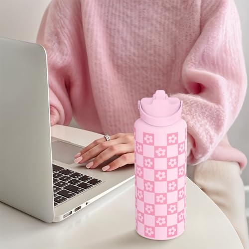 SANDJEST Checker Daisy Water Bottle 32oz Stainless Steel with Lid & Straw, Checkerboard Insulated Bottles Gifts for Women Girls Friends, Gift Idea for Birthday Christmas - color: Checker Daisy