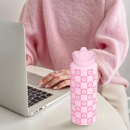 SANDJEST Checker Daisy Water Bottle 32oz Stainless Steel with Lid & Straw, Checkerboard Insulated Bottles Gifts for Women Girls Friends, Gift Idea for Birthday Christmas - color: Checker Daisy