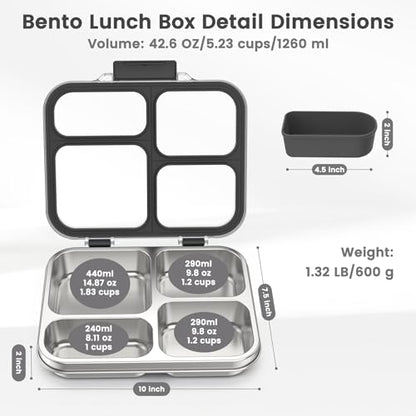 Stainless Steel Bento Box for Kids Adults with Silicone Container, Leak Proof 4 Compartments Metal Lunch Box, Removable Silicone Seal & Clear Lid Food Container for School Office, BPA-Free(Black) - color: Black