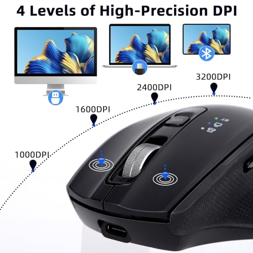 Wireless Bluetooth Mouse with USB-A, USB-C Receiver, Rechargeable, 3-Device, Full-Size, Silent Click, Ergonomic Mice for MacBook/Laptop/Computer/Tablet/PC/iPad-Black - color: Black