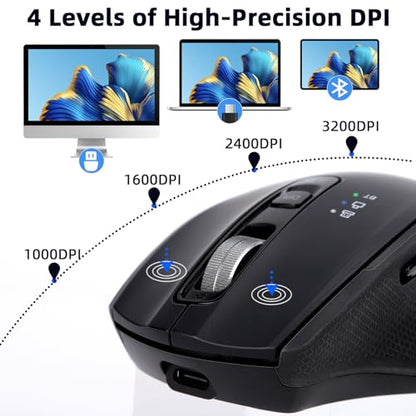 Wireless Bluetooth Mouse with USB-A, USB-C Receiver, Rechargeable, 3-Device, Full-Size, Silent Click, Ergonomic Mice for MacBook/Laptop/Computer/Tablet/PC/iPad-Black - color: Black