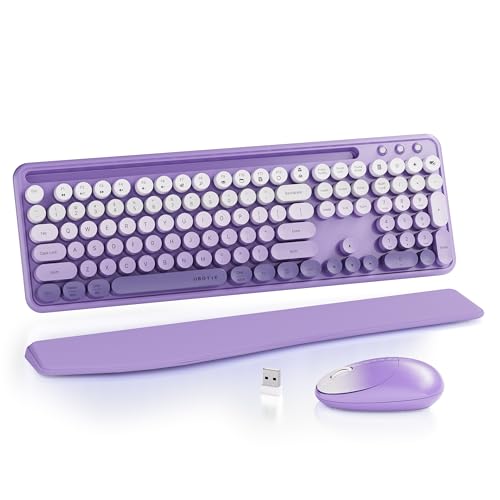 UBOTIE Ergonomic Wireless Keyboard and Mouse Combo with Phone Holder Wrist Rest, Round Colorful Keys, Power Switches, 2.4GHz USB Receiver, Full-Size QWERTY Layout for PC Laptop (Purple) - color: Purple
