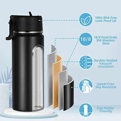 Volhoply 18oz Insulated Water Bottle Bulk 8 Pack,Kids Stainless Steel Water Bottles with Straw Lid,Wide Mouth Reusable Metal Bottle,Double Wall Vacuum Sports Flask For Cold Drink(Black,8 Set) - color: Black