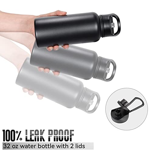 32 oz Insulated Water Bottle with Straw Lid & Wide Mouth Lids, Stainless Steel Sports Water Bottles, Double Walled Vacuum, Leak Proof, Black - color: Black, size: 32 Ounces