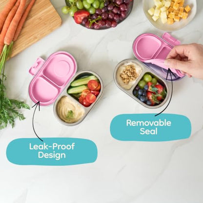 Good Bare Stainless Steel Snack Container for Kids | 2-Compartment Metal Bento Box | Removable Silicone Seal, BPA-Free | Leak-Resistant, Dishwasher Safe | Updated Easy-Open Latch - color: Sweet Pink