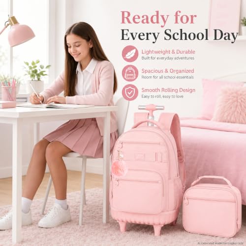 HPJGD 3PCS Girls Rolling Backpack, Womens Pink School Backpacks with Wheels, Water Resistant Roller Kids Wheeled Bookbag Set - color: Classic Pink Rolling Backpack Set