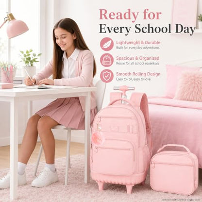 HPJGD 3PCS Girls Rolling Backpack, Womens Pink School Backpacks with Wheels, Water Resistant Roller Kids Wheeled Bookbag Set - color: Classic Pink Rolling Backpack Set