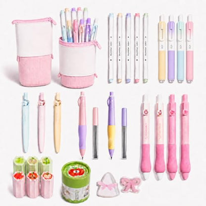 Small Cute Pink Standing Pencil Case with Supplies for Girls,Stand up Aesthetic Pouch,Pop up Bag Kawaii Kids Trendy School Stationery Set for Teens & Tweens,Back to School Gifts & College Essentials