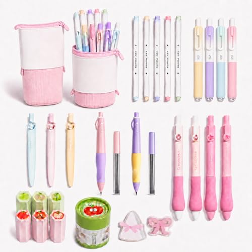 Small Cute Pink Standing Pencil Case with Supplies for Girls,Stand up Aesthetic Pouch,Pop up Bag Kawaii Kids Trendy School Stationery Set for Teens & Tweens,Back to School Gifts & College Essentials