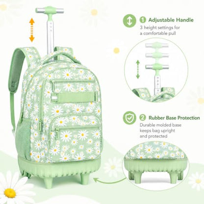 AGSDON Elegant Chrysanthemum Rolling Backpack Set – 20” Girls Roller Bookbag with Matching Lunch Box for Travel, Commute & School | Water-Resistant Fashion Wheeled Organizer in Flower Cyan - color: Rolling Backpack Set - Daisy Green