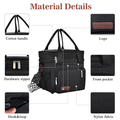 LOKASS Lunch Bag& Lunch Box for Men Women Double Deck,Large Insulated Adult Lunch Box Leakproof Lunchbox Cooler Bag for Work Picnic Beach,（Black,16L） - color: Black 2
