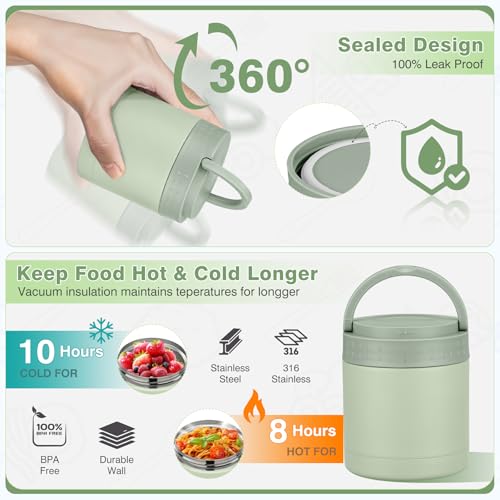 Bento Lunch Box Set with 10.5oz Soup Thermo Food Jar for Adults Kids, Stainless Steel Leak-proof Lunch Container, Coffee Tumbler with Lunch Bag for School Travel Office-Green - color: Green