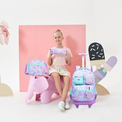 Meetbelify Rolling Backpack for Girls Boys Backpacks with Wheels Kids Carry on Luggage for Girls Boys - color: Girls Mermaid