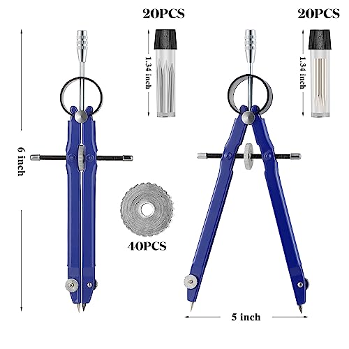 Zonon Professional Compass for Geometry, Metal Drawing Compass Drafting Tool Back to School Supplies with Extra Refills for Office Drafting Drawing Woodworking, Silver, Blue(20 Pieces)