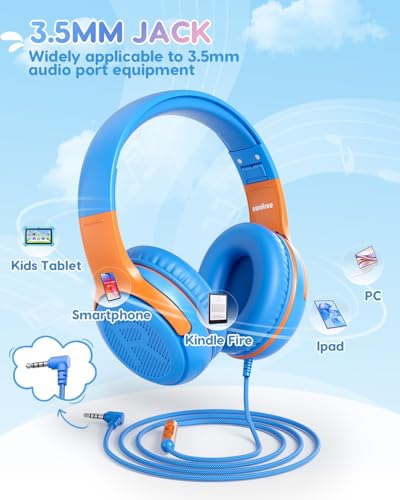 awatrue Kids Headphones Wired - Toddler Headphones with Microphone, Over-Ear Headphones, 85/94dB Volume-Limiting, 3.5mm Jack, Foldable On-Ear Design - Safe & Comfortable for Learning & Entertainment - color: BlueOrange