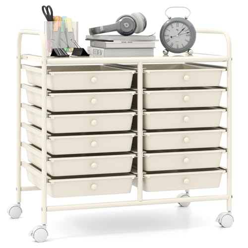 Giantex 12 Drawers Rolling Cart, Mobile Storage Drawer Cart, Classroom Organizer Cart for Office School Supplies Tools Scrapbook Paper Craft Small Printer, Utility Cart on Wheels, White - color: White, size: 25” x 15” x 24.5”(12 Drawers)