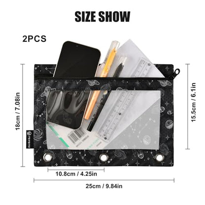 Space Planet Stars Moon Binder Pouches 3 Ring for Boys Girls School Office College Supplies Galaxy Black Universe Rocket Pencil Pouches Case Bag with Clear Window and Zipper 2 Pack - color: Space