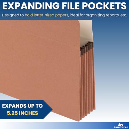 1InTheOffice Expanding File Pockets, Accordion File Organizer, Letter Size, Brown Redrope, 8 1/2" x 11", 1200 Sheet Capacity, 5 1/4", 10 Pack