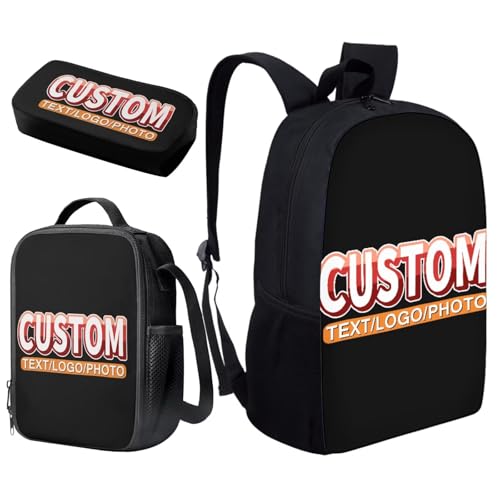 Customization Backpack School Set 3Pcs with Lunch Box Pencil Case Sports Bookbag Back Pack Lightweight Casual Daypacks for Elementary Primary Middle School - color: A-custom