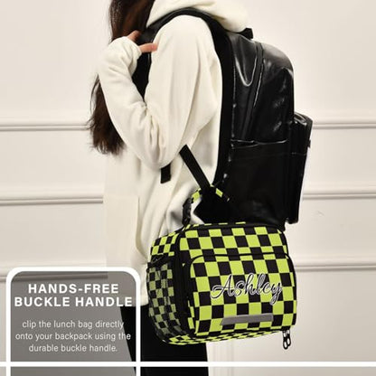 Custom Student Lunch Bag for Boys Girls Yellow Black Checkered Personalized Lunch Box With Name Insulated Cooler Bag for School Picnic Travel - color: Multi02