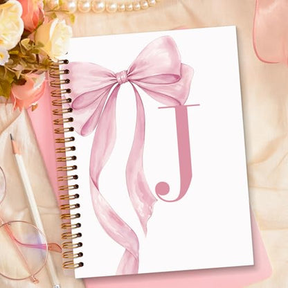 JXREQ Coquette Pink Bow Personalized Notebook, Initial Letter J Monogram Journal, Preppy Girly Ribbon Bow Journal, Monogrammed Gifts for Women, Aesthetic Spiral Notebook 5.5x8.3 - color: Jpink