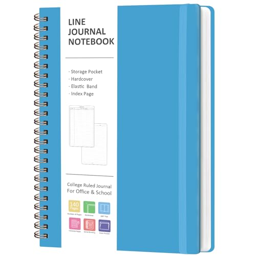 A5 Lined Spiral Journal Notebook, 146 Pages Hardcover Notebook with 100 GSM Thick Paper, Inner Pocket & Elastic Closure, 5.7" x 7.9", Notebooks for Work, School, College, Office, Journaling & Note Taking - color: Bright Blue