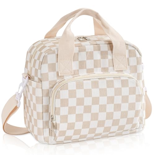 Large Lunch Bag for Women Checkered Insulated Lunch Box Reusable Cooler Bag Portable Cute Corduroy Leakproof Tote Bags for Travel, Work, and Picnic, Beige and White - color: Beige and White, size: L
