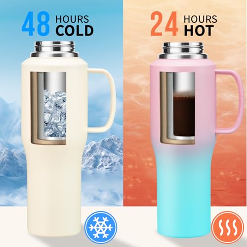 Insulated Water Bottle 32 OZ - with Straw & Pop-up Spout Lid, Keep Cold-48H Hot-12H, Stainless-Steel with handle for Women Men, Metal Flask Water Bottle Fits in Cup Holder - color: Cream White with handle, size: 32 Ounces